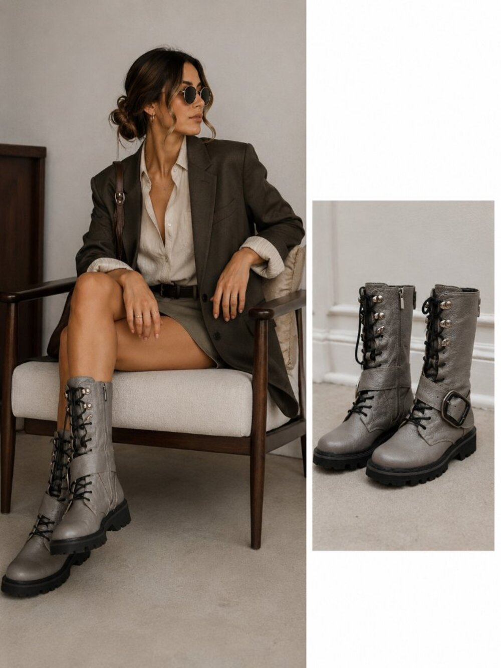 ILVI Women's Gray Leather Combat Mid Calf Boots Buckle Lace Up Lug Sole EU 39/ 8